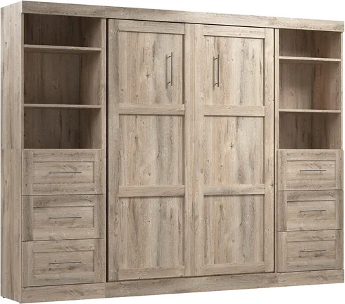 Vista 20 de Bestar Pur Queen Cama Murphy con gabinetes de almacenamiento de armario, marrón rústico de 115 pulgadas, arreglo para dormir que ahorra espacio