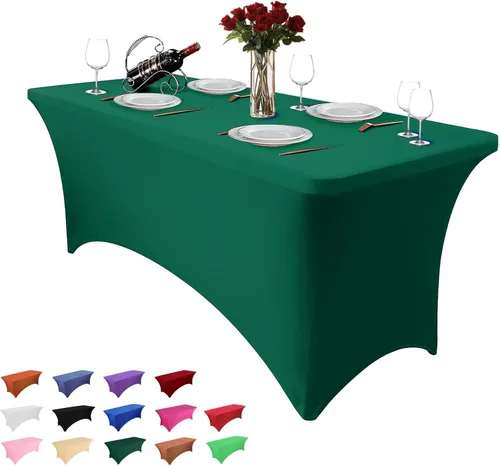 Vista 13 de Paquete de 2 manteles rectangulares de 4 pies para manteles rectangulares color gris azulado, elásticos, manteles de elastano para eventos