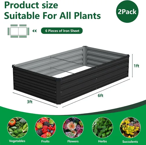 Vista 2 de Vengarus Kit de cama de jardín galvanizado elevado de 6 x 3 x 1 pies (paquete de 2), maceta de metal para exteriores, contenedor rectangular de Negro
