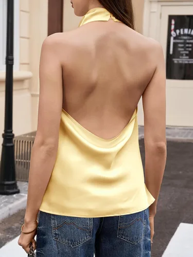 Vista 5 de Cicy Bell Camiseta de satén con cuello halter para mujer, sin espalda, Y2K Amarillo