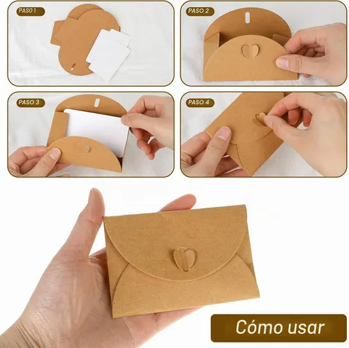 Vista 5 de Mini sobres con tarjetas en blanco de 4.1 x 2.8 pulgadas, portadores de tarjetas de regalo de papel kraft, bonitos sobres pequeños con cierre