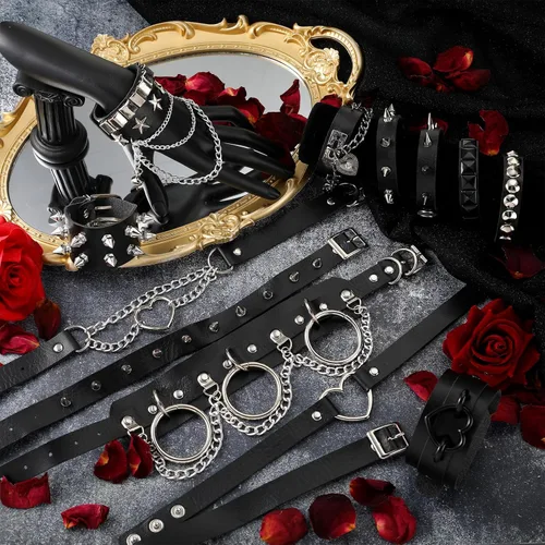 Vista 6 de Cunno Juego de 13 pulseras de collar gótico de estilo steampunk para Halloween, estilo steampunk, collar gótico, gargantilla para mujer, ajustable