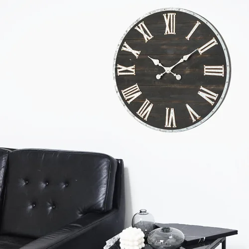 Vista 3 de Glitzhome Reloj de pared con números romanos de 28 pulgadas, reloj de pared negro enorme, de madera rústica, grande, negro, blanco, para sala