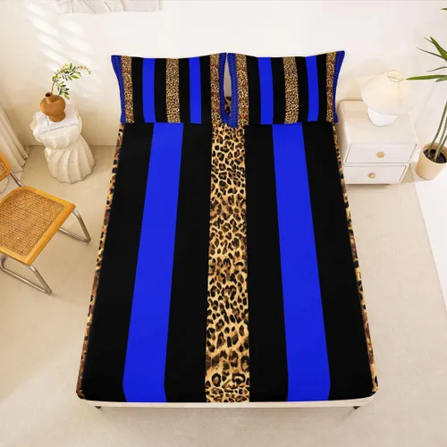 Vista 4 de Manfei Leopard Print Fitted Sheet Twin Size,Blue Brown Black Stripes Bedding Set 2pcs,Wild Animal Cheetah Skin Bed Sheets with 1 Pillowcase,Kids