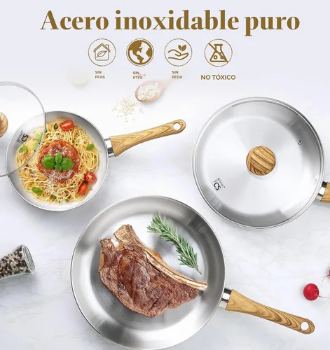 Vista 6 de KOCH SYSTEME CS Juego de sartenes de acero inoxidable con tapa, sartenes de acero inoxidable de 8" y 10" y 12" con mango resistente al calor, juego