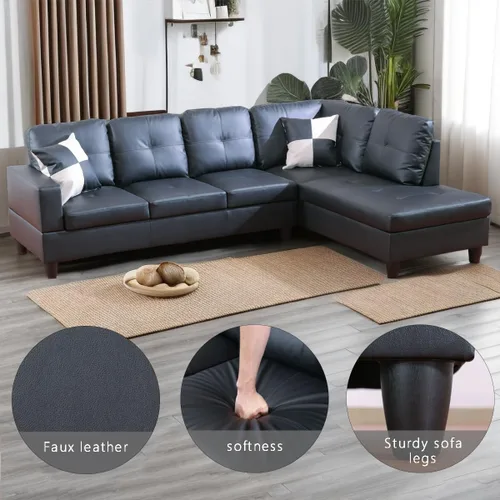 Vista 3 de A Ainehome Juego de sofá de sala de estar, 2 piezas, sofá seccional en forma de L, sofá de piel sintética con diván para sala de A-Negro