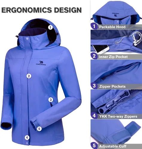 Vista 3 de CAMEL CROWN Chaqueta impermeable ligera para mujer, rompevientos con capucha para exteriores, senderismo, escalada, viajes, Camel