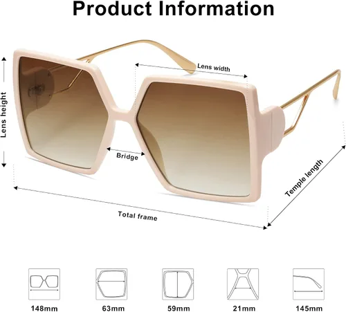 Vista 5 de Allarallvr Gafas de sol cuadradas de gran tamaño para mujer, gafas de sol Tetro de moda para mujer, gafas de sol AR82009
