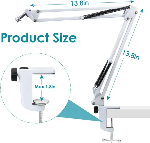 Vista 4 de Brazo de boom blanco para Fifine AM8 - Brazo de micrófono blanco compatible con el micrófono Fifine AM8, brazo de boom de micrófono profesional
