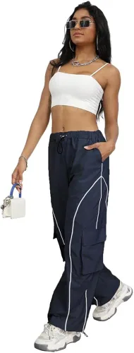 Vista 3 de FENGQIYUNHAI Y2K - Pantalones deportivos de paracaídas para mujer, de tiro bajo, holgados, de pierna ancha, pantalones cargo para mujer