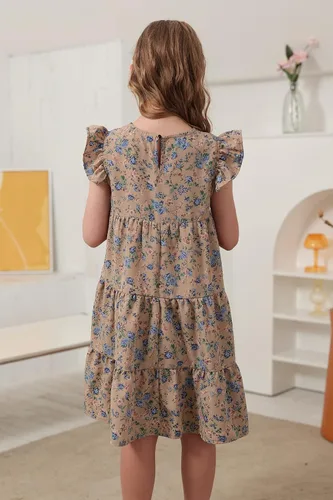 Vista 2 de GORLYA Vestido midi plisado con vuelo y mangas con volantes y estampado floral para niñas 4-14T