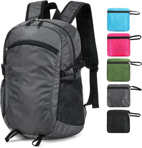 Vista 15 de Mochila pequeña de senderismo para viajes, ligera, plegable, mochila de día resistente al agua, mochilas plegables de 15L para viajes, mujeres, Negro
