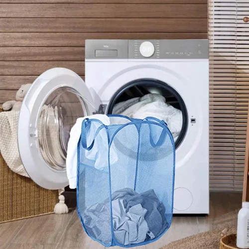Vista 4 de Cesta de malla desplegable para la lavandería, cestas plegables para ropa sucia, cestas plegables para ropa sucia para baño, dormitorio Azul ceniza