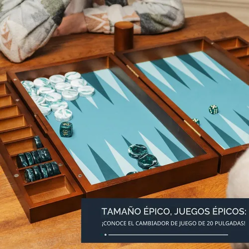 Vista 3 de Pointworks Juego de Backgammon de 20 Pulgadas Grande para Adultos, Tablero de Backgammon Verde, Madera Sólida. Bandeja de Accesorios Desmontable