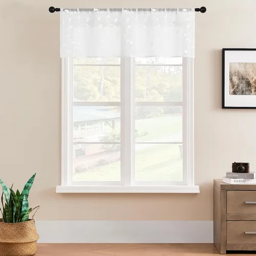 Vista 11 de MRTREES Cenefa de cortina transparente de Navidad, 2 paneles de cortinas bordadas con hojas pequeñas de 54 x 16 pulgadas, bolsillo para barra
