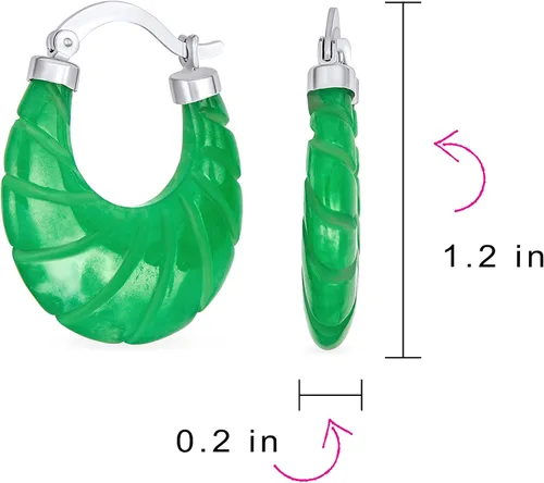 Vista 4 de Aretes de aro de jade verde claro con piedras preciosas auténticas, redondas, de bambú, para mujer, chapado en oro de 14 quilates, plata de ley .925