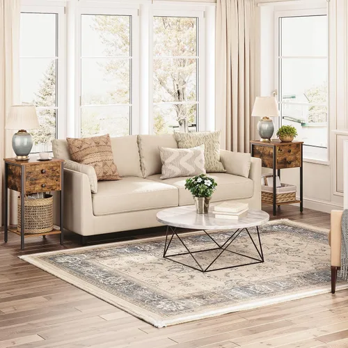 Vista 4 de HOOBRO Mesita de noche alta, mesa auxiliar con 2 cajones y estante de Marrón rústico + Negro