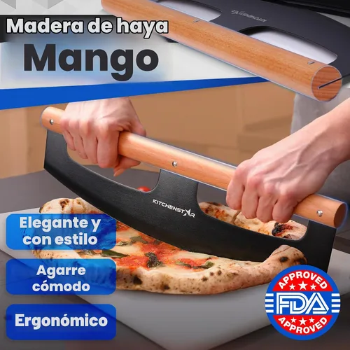 Vista 4 de KitchenStar Cuchilla de corte de pizza de 16 pulgadas, cuchillo cortador de acero inoxidable afilado, elegante mango de madera de haya, cubierta