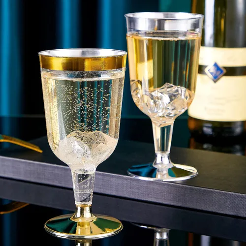 Vista 6 de N9R 30 copas de vino de plástico desechables, copas de borde dorado de 6 onzas con tallo Tazas doradas para tostar, copas de champán, resistentes