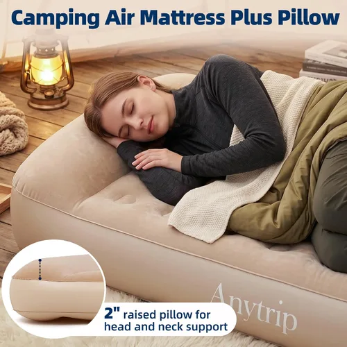 Vista 3 de Colchón de aire de campamento individual de 10 pulgadas con bomba integrada con almohada elevada de 2 pulgadas, colchón inflable portátil