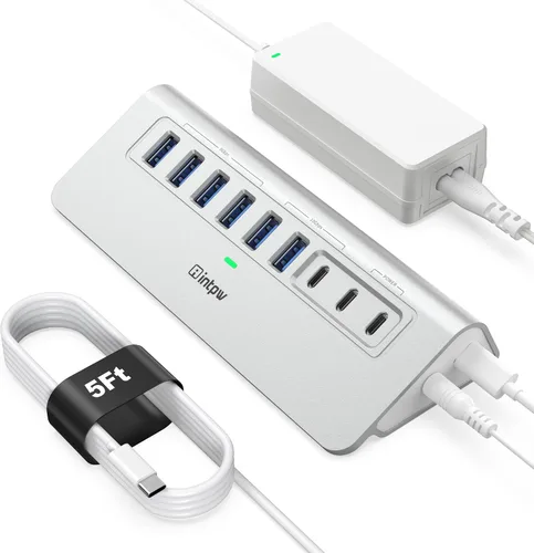 Vista 10 de Concentrador USB alimentado de 10 Gbps, intpw de 9 puertos USB 3.2, concentrador USB C con USB A/USB C 3.2, 4 USB 3.0, 2 puertos de carga PD de 45
