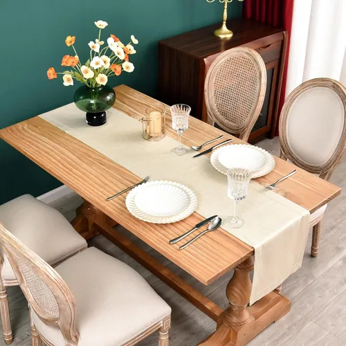 Vista 2 de NEWISHER Camino de mesa rústico de lino sintético con borde de vainica, decoración de mesa rectangular beige sólido para comedor, mesa auxiliar