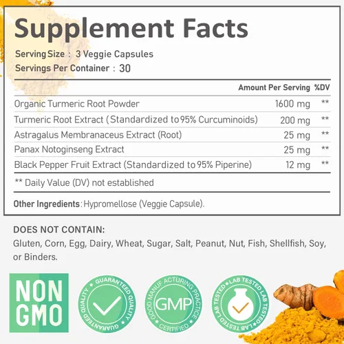 Vista 2 de Cúrcuma Curcumina 1800mg con 95% Curcuminoides y Pimienta Negra – Fórmula de Alta Absorción para Articulaciones, Inflamación y Apoyo Inmunológico