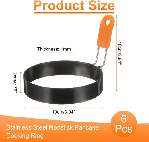 Vista 2 de HARFINGTON 6 anillos de huevo de 4 pulgadas de acero inoxidable antiadherente para panqueques con mango de silicona para freír huevos, sándwich