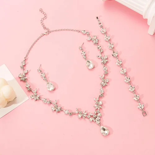 Vista 6 de Paxuan Juego de joyas florales elegantes para mujeres, noviasdamas de honor, conjunto de joyas de cristal para boda, baile de graduación, fiesta