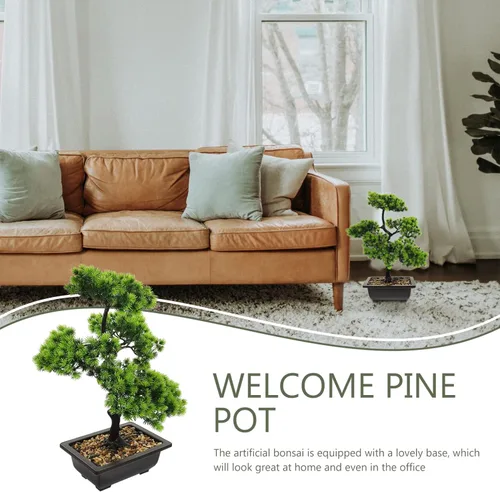 Vista 3 de Yardwe Árbol de pino bonsái artificial: plantas de imitación de pino en maceta, arreglos florales acogedores, decoración de Feng Shui, centros