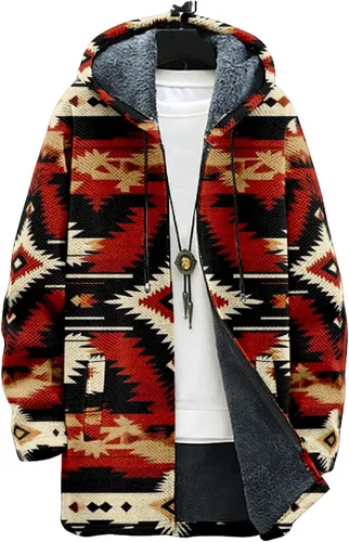 Vista 22 de Chaqueta de forro polar con capucha para hombre, con estampado azteca, de algodón pesado, con cremallera, manga larga, chaqueta con capucha