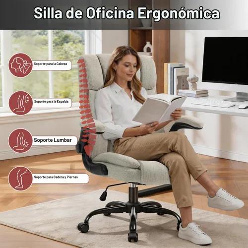 Vista 3 de Silla ejecutiva ergonómica con respaldo alto de tela, brazos Beige
