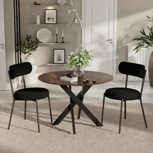 Vista 31 de Moderno juego de mesa de comedor redonda de 3 piezas, mesa de MDF circular negra y 2 sillas de comedor negras Boucle, muebles de cocina con marco