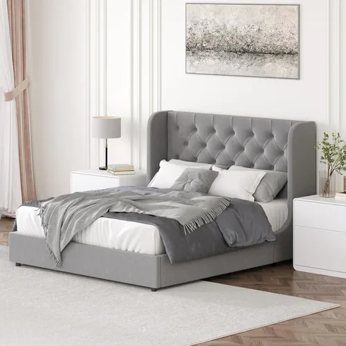Vista 8 de HOMBCK - Marco de cama tamaño completo, base de cama tapizada en plataforma gris con cabecero, terciopelo acolchado, diseño de ala curvada, listones