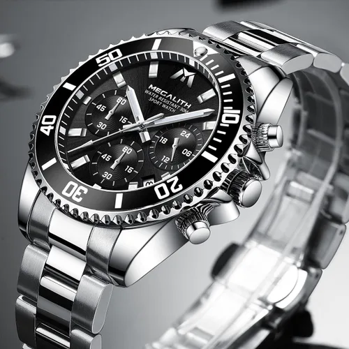 Vista 2 de MEGALITH Relojes para hombre, de acero inoxidable, resistente al agua, analógico, de cuarzo, moderno, de negocios, cronógrafo, con fecha automática