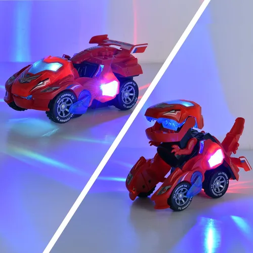 Vista 4 de Juguetes transformadores 2 en 1, dinosaurio transformador LED 2 en 1, auto transformador de dinosaurio automático, lámparas de coche de juguete