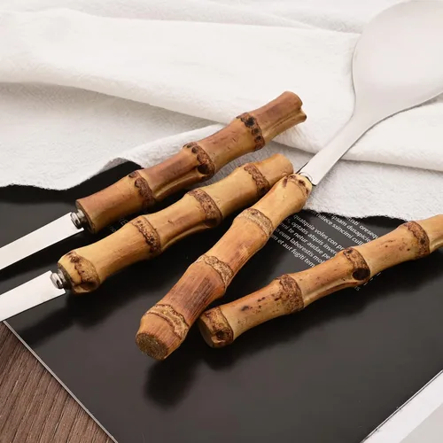 Vista 4 de Juego de 2 cucharas de servir de acero inoxidable de 10.0 pulgadas con mango de bambú natural, grandes utensilios plateados para servir, cucharón
