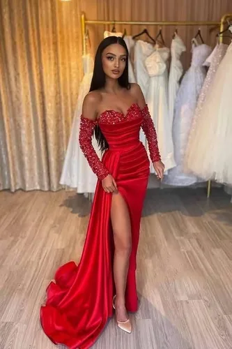 Vista 4 de Vestido de noche largo de satén con lentejuelas y hombros descubiertos, vestido de noche de sirena para mujer, vestido formal con abertura