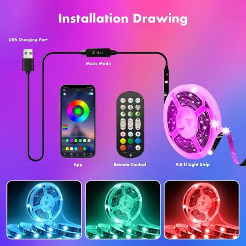 Vista 7 de Luces LED para TV, retroiluminación RGB de TV de 9.8 pies para televisores de 32 a 43 pulgadas, retroiluminación LED de TV con sincronización