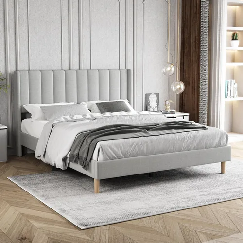 Vista 28 de Base de cama tapizada de tamaño individual con cabecero, listones de madera fuertes, no necesita somier, fácil montaje, terciopelo beige
