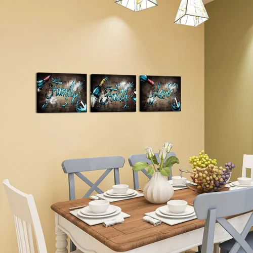 Vista 6 de Conipit 3 piezas de lienzo de copa de vino, arte de pared, fotos de vino, familia, fe, amor, impresiones artísticas vintage, pintura marrón verde