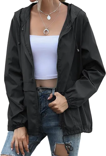 Vista 3 de Chaqueta impermeable ligera para mujer, rompevientos con capucha y bolsillos para exteriores