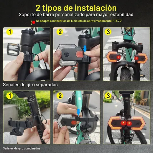 Vista 6 de Antfire 4 luces traseras de bicicleta con señales de giro, luces direccionales recargables por USB, luces LED brillantes delanteras y traseras