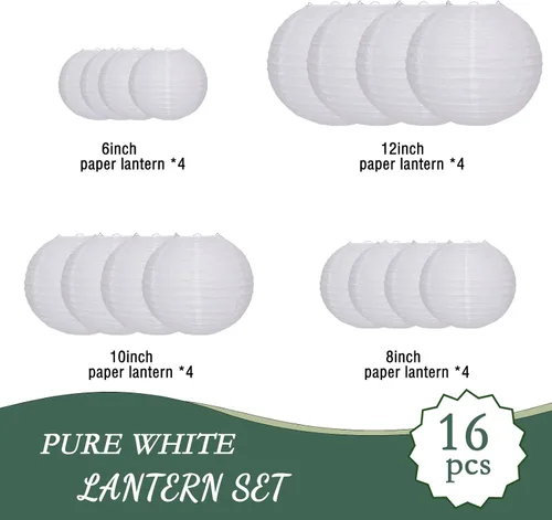 Vista 2 de Faroles de papel blanco redondos chinos para fiestas, decoración del hogar y bodas, varios tamaños de 6 pulgadas, 8 pulgadas, 10 pulgadas, 12