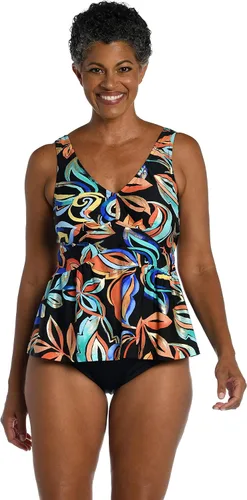 Vista 10 de Maxine of Hollywood Women's Over The Shoulder Empire Tankini Swimsuit Top Negro/ Jardín iluminado por la luna