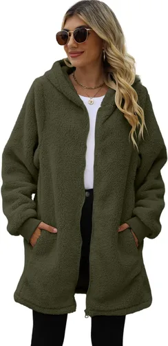 Vista 5 de ReachMe - Chaqueta tipo sudadera con capucha para mujer, de vellón, con cierre y bolsillos, larga, de gran tamaño, mullida y cálida