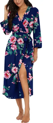 Vista 13 de VINTATRE Bata tipo kimono para mujer, bata larga de punto, ligera, suave, ropa de dormir con cuello en V, casual, ropa de descanso para mujer Verde