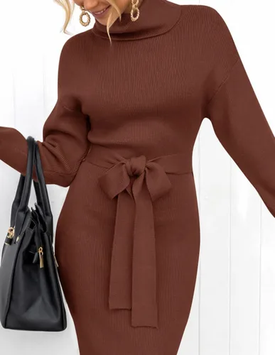 Vista 84 de ZESICA - Vestido por debajo de la rodilla de suéter, de cuello alto, para mujer, de manga larga, de punto acanalado, con abertura y cinturón