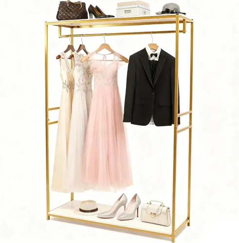 Vista 10 de Estante de ropa de 71 pulgadas con estantes, estante para vestidos de boda, estante de exhibición de ropa al por menor, resistente comercial