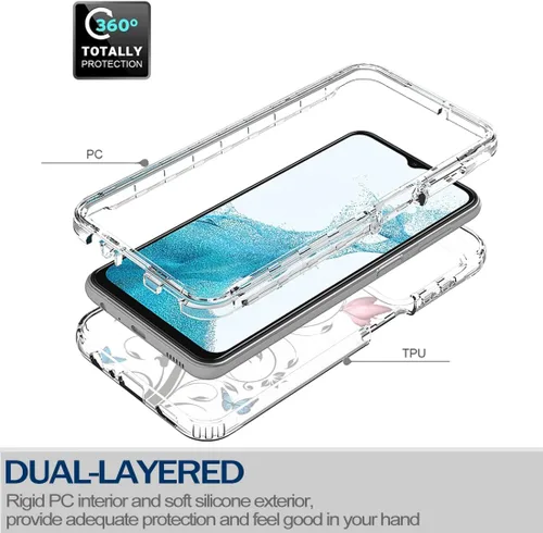 Vista 3 de Funda para Galaxy A23, SM-A235M con protector de pantalla de vidrio templado, diseño floral de cuerpo completo, carcasa rígida + TPU a prueba